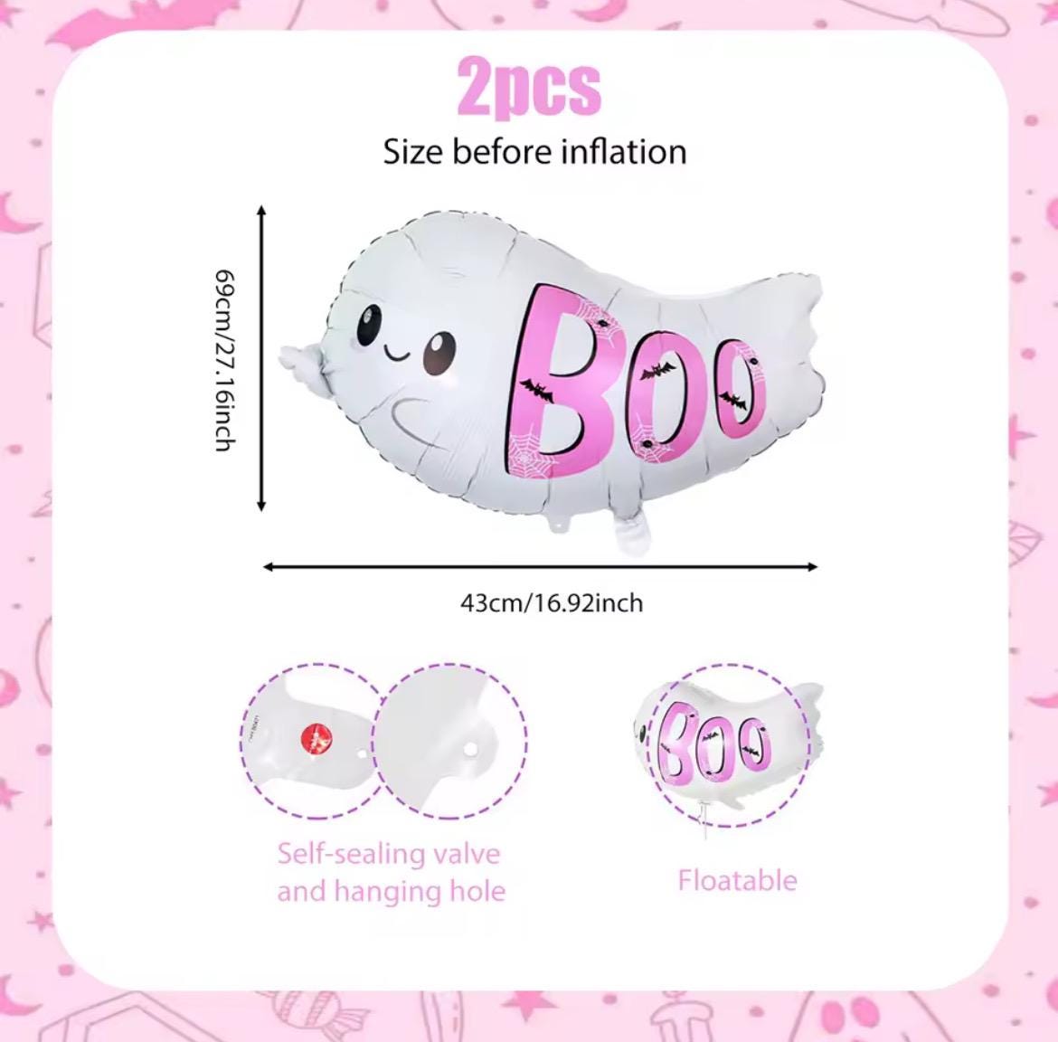 Pink Ghost BOO Balloons (2pcs) β Cute Halloween Party Decorations, Foil Balloon with Self-Sealing Valve