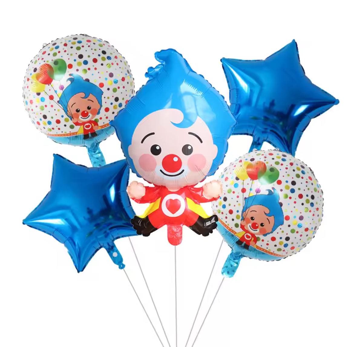 Plim Plim Clown Balloon Set β 5-Piece Blue or Red Foil Stars Balloons Party Decor