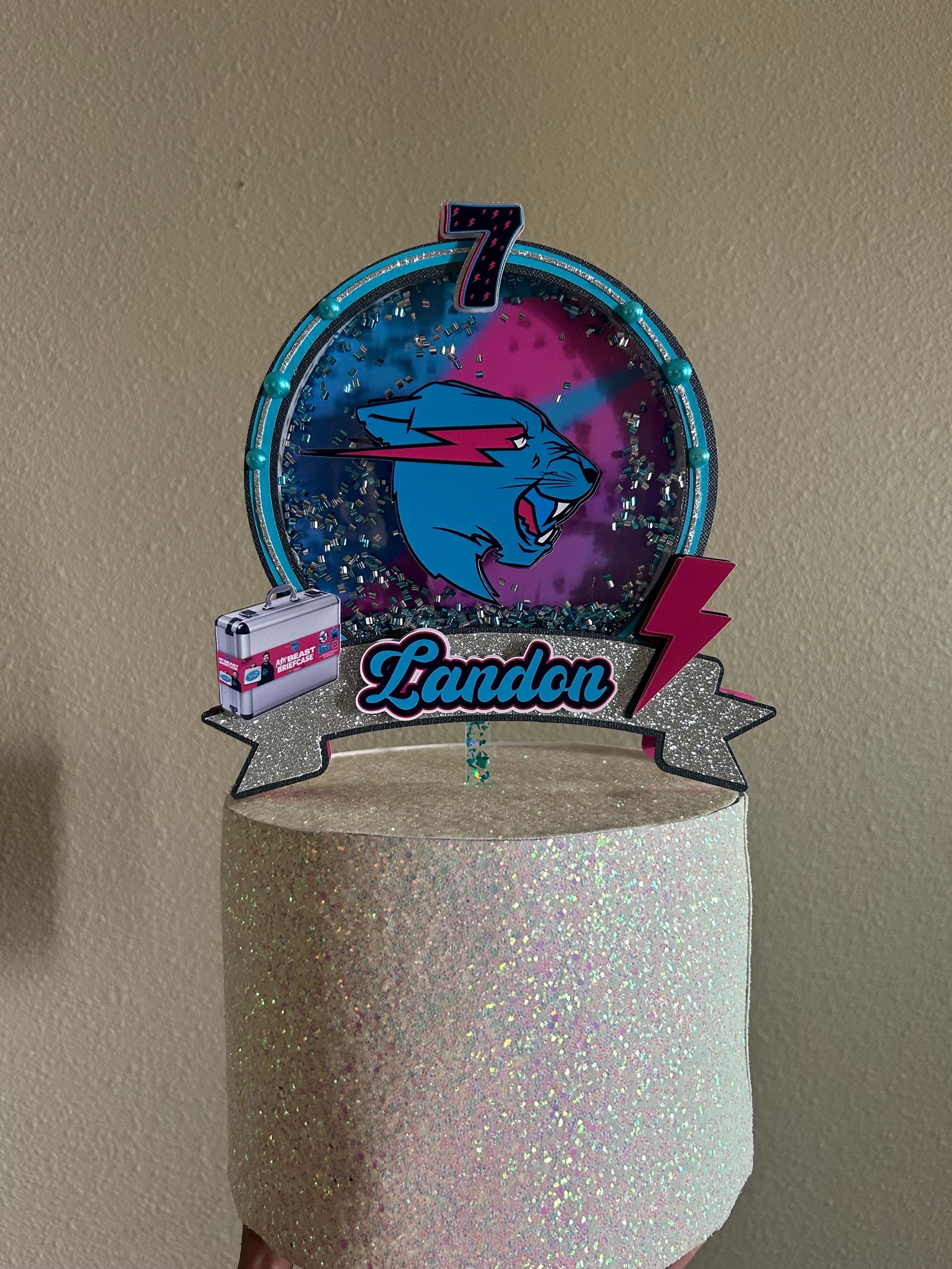 Birthday Cake Topper for Boys and Girls - YouTuber with Pink Lightning Bolt Design in Blue, Pink, Black, and Silver.