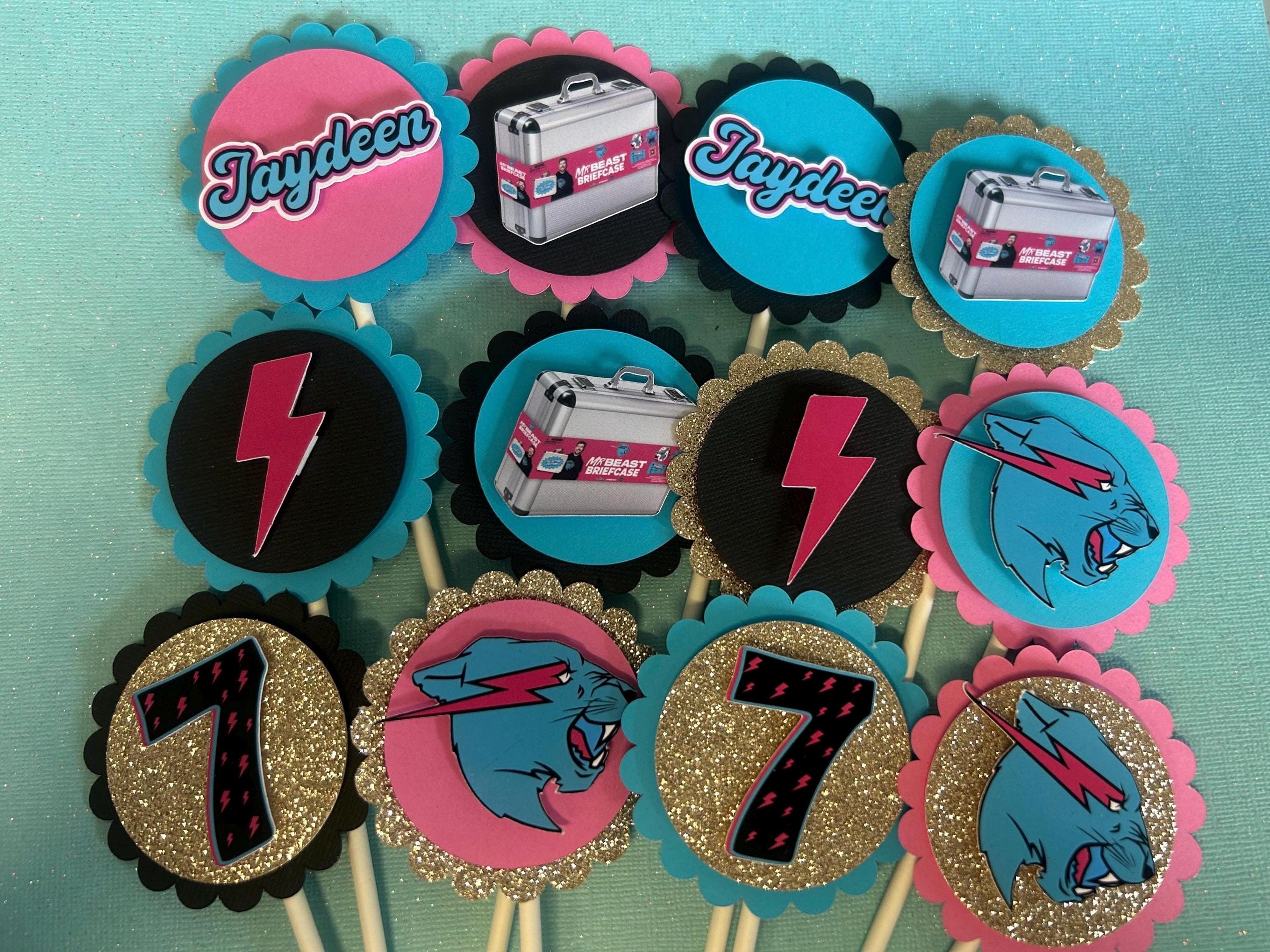 Birthday Cake Topper for Boys and Girls - YouTuber with Pink Lightning Bolt Design in Blue, Pink, Black, and Silver.