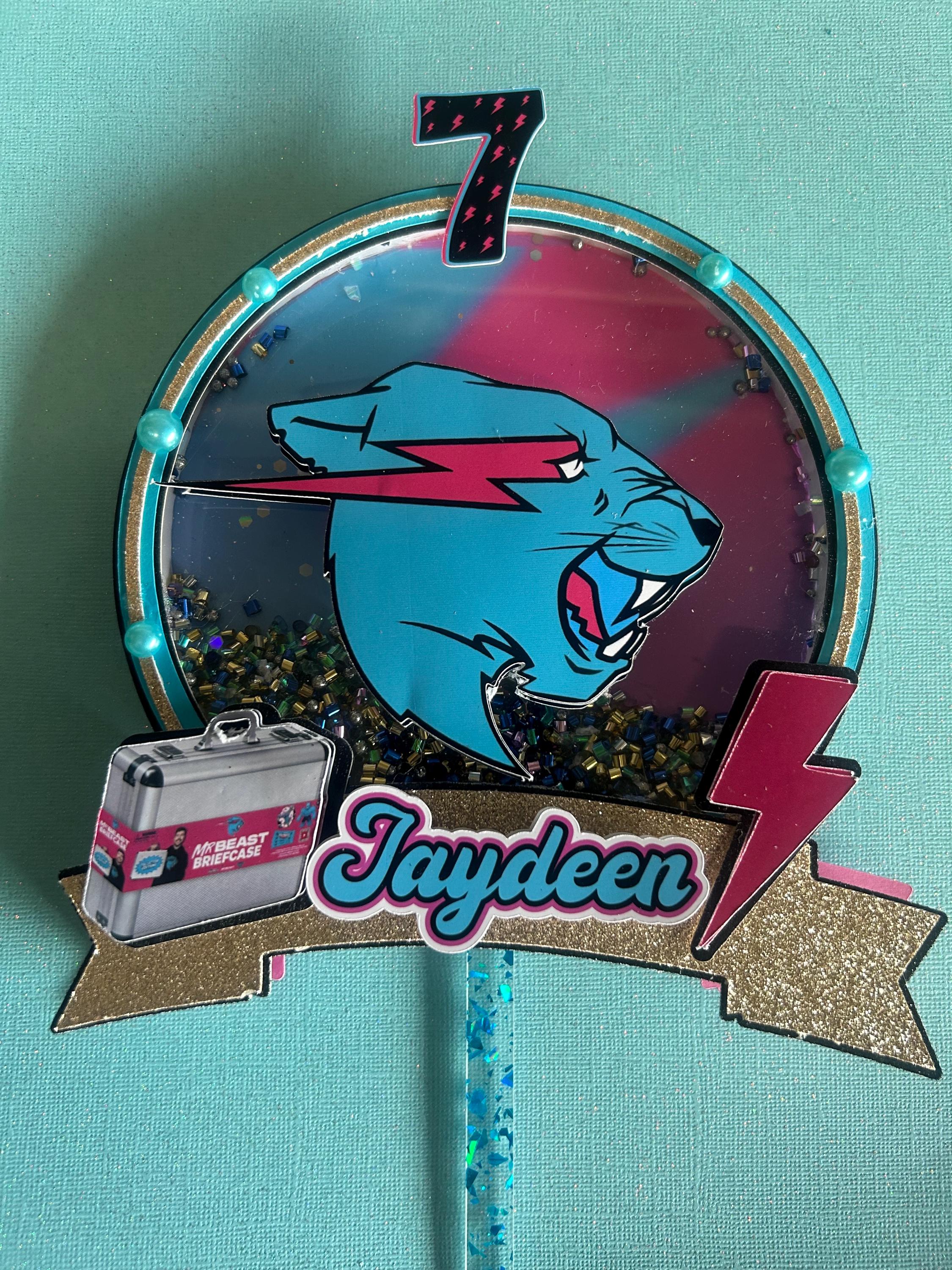 Birthday Cake Topper for Boys and Girls - YouTuber with Pink Lightning Bolt Design in Blue, Pink, Black, and Silver.