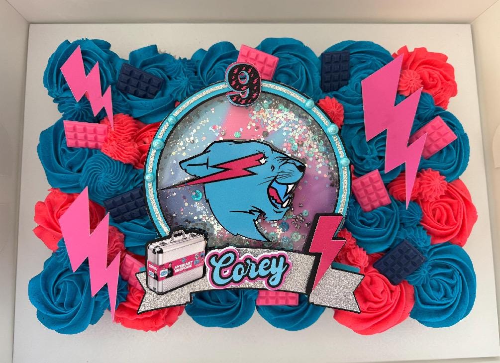 Birthday Cake Topper for Boys and Girls - YouTuber with Pink Lightning Bolt Design in Blue, Pink, Black, and Silver.