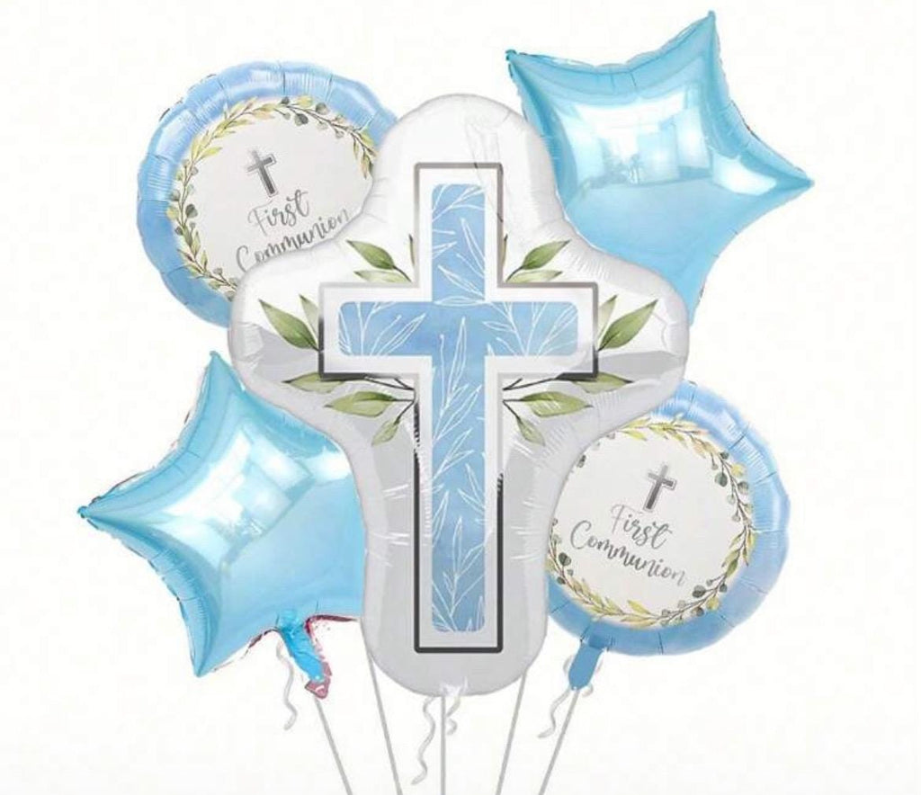 First Communion Balloon Set - Blue and White Cross Theme - 5 Pc Foil Balloons for Religious Celebration