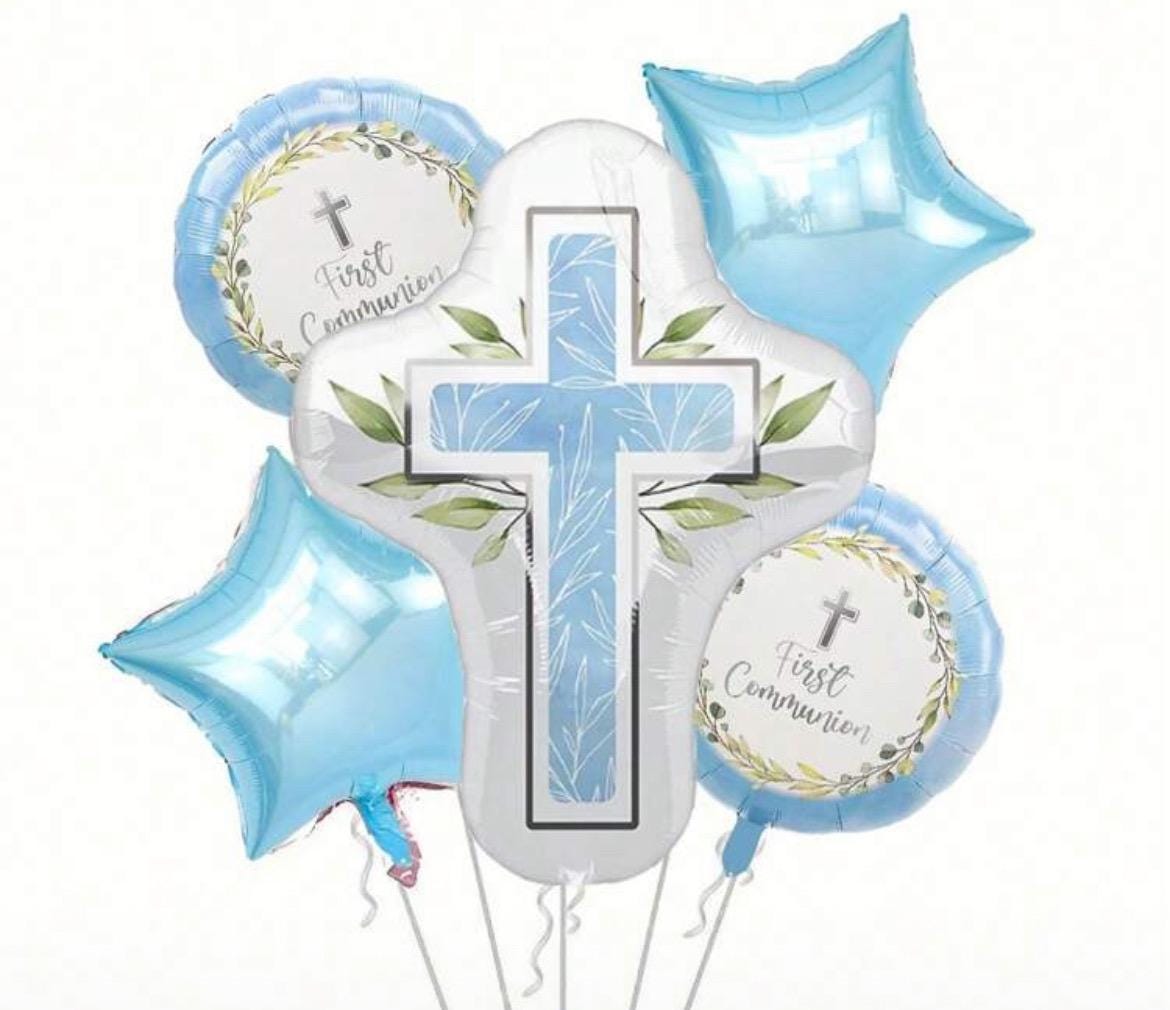 First Communion Balloon Set - Blue and White Cross Theme - 5 Pc Foil Balloons for Religious Celebration