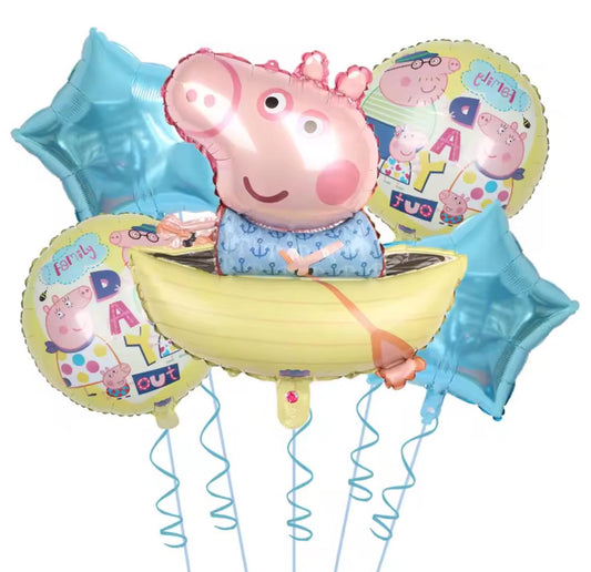 Pink Pig Boat Balloon Bouquet – 5-Piece Set Summer Pool Beach Lake Party