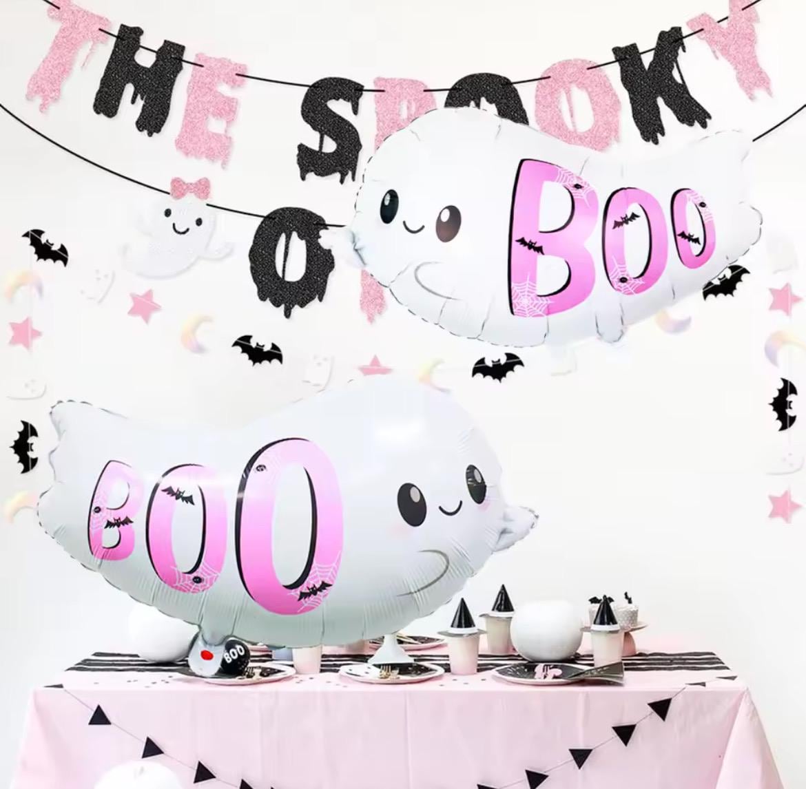 Pink Ghost BOO Balloons (2pcs) – Cute Halloween Party Decorations, Foil Balloon with Self-Sealing Valve