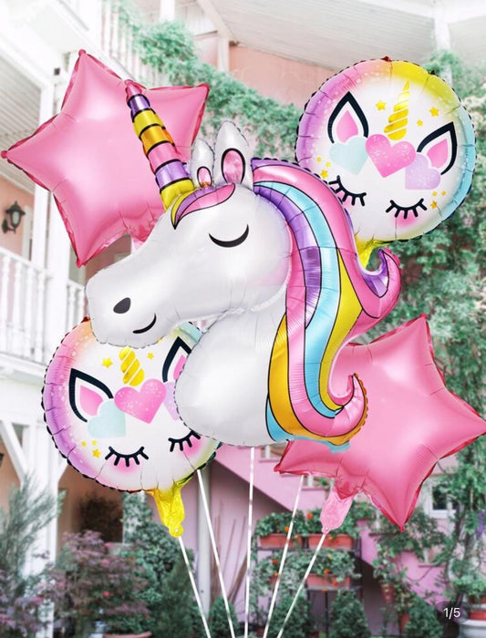 Unicorn Balloon Set – 5pcs Pastel Foil Balloon Bundle | Magical Birthday Party Decor for Girls