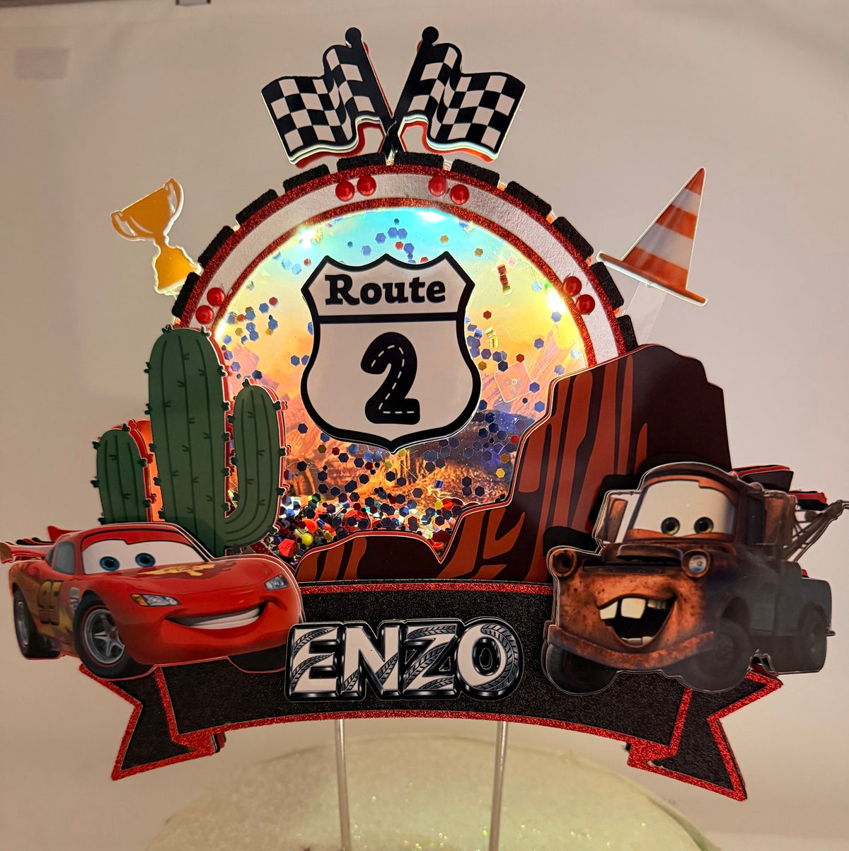 Personalized Lightning McQueen and Mater shaker cake topper