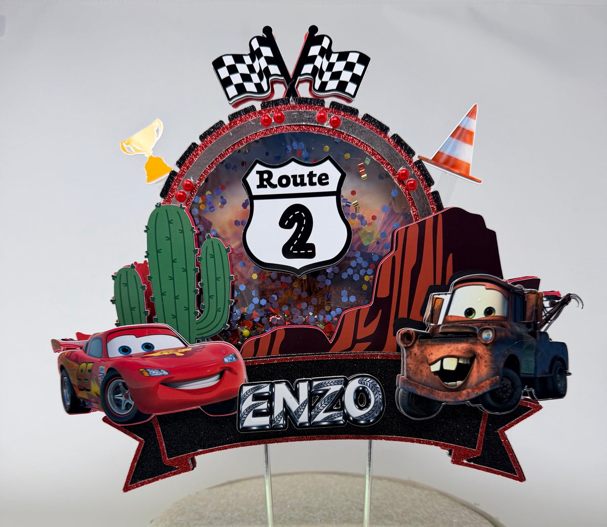 Cars personalized shaker cake topper with lights