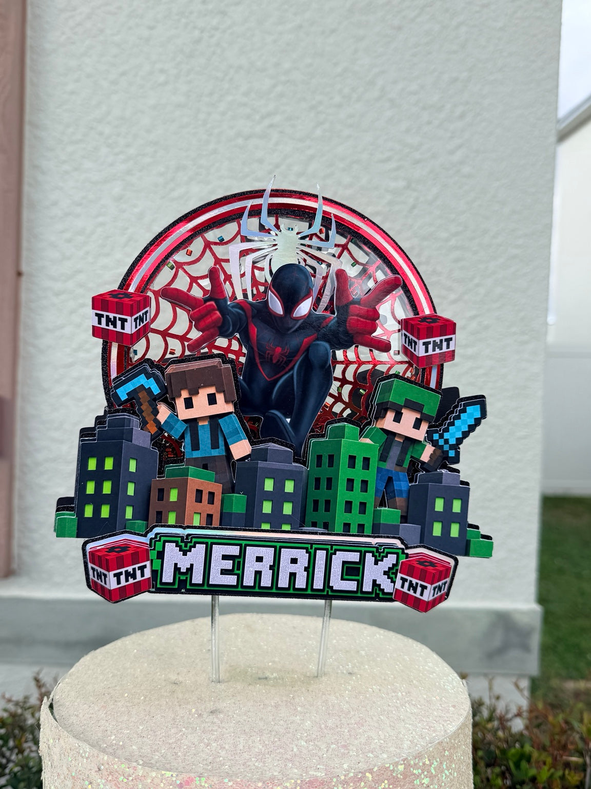 Personalized Miles Morales and Minecraft birthday cake topper