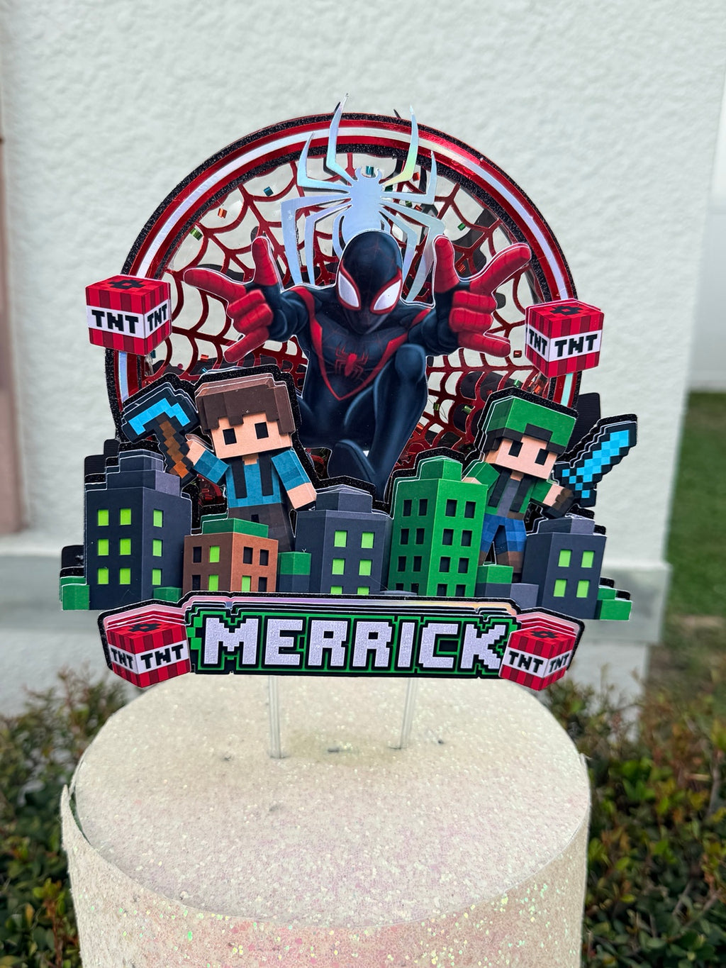 Miles Morales and Minecraft layered cake topper with personalized name