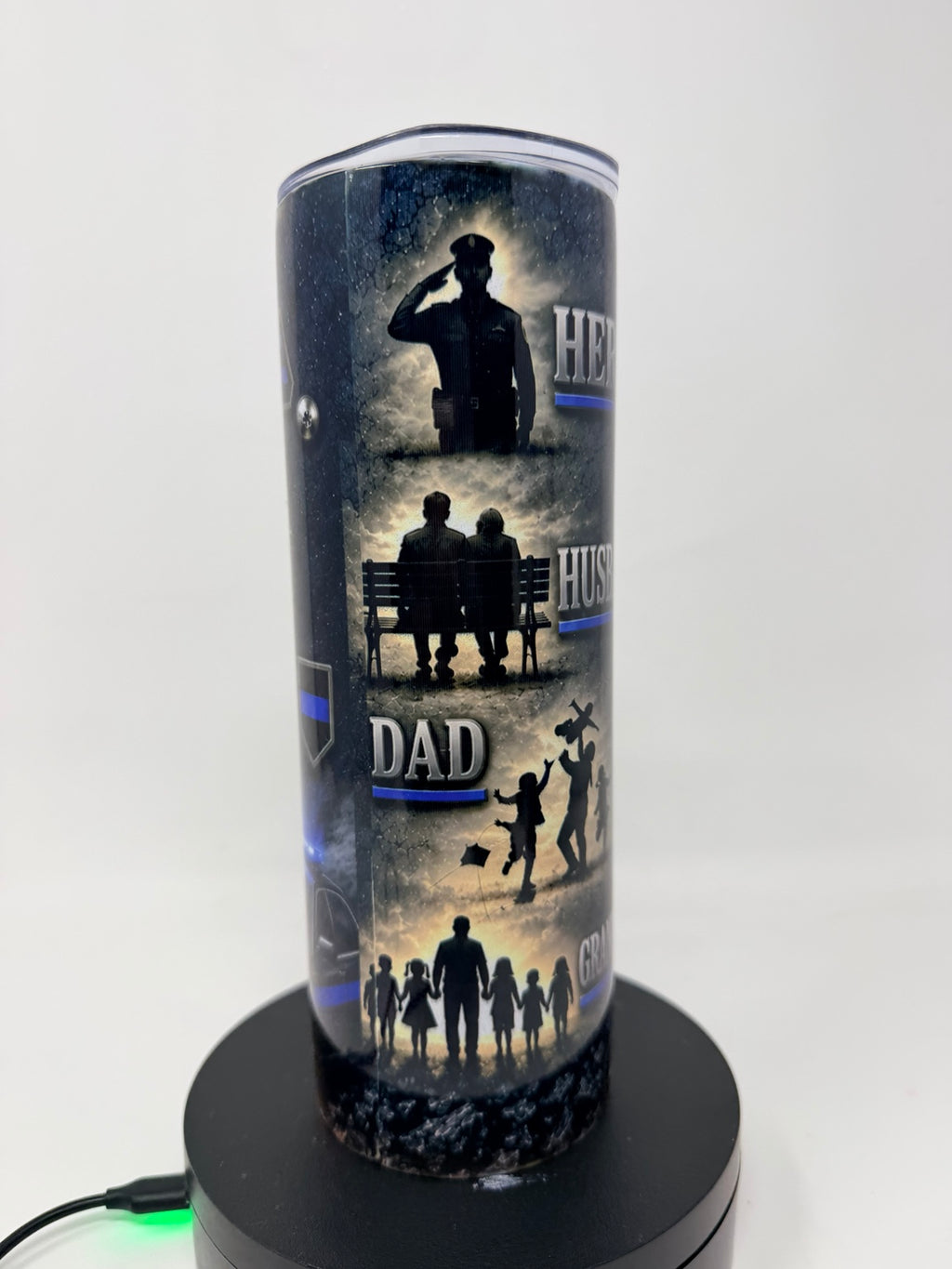 Retired police officer tumbler in black, silver and blue