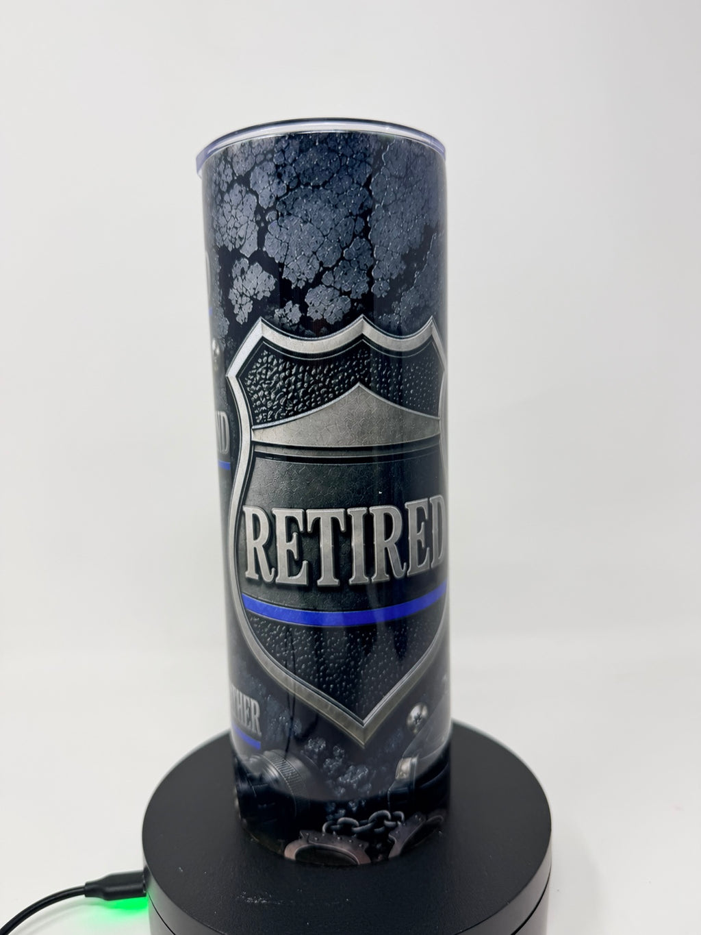 Retired police officer tumbler in black, silver and blue