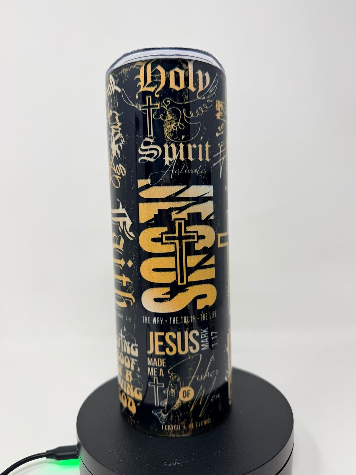 Christian faith tumbler in black and gold