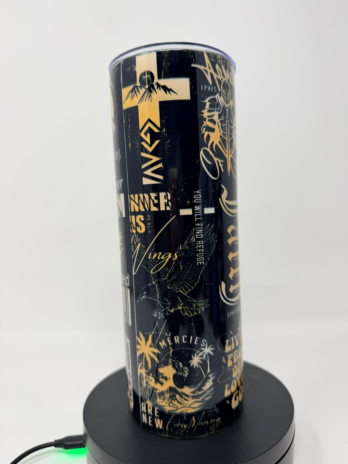 Christian faith tumbler in black and gold