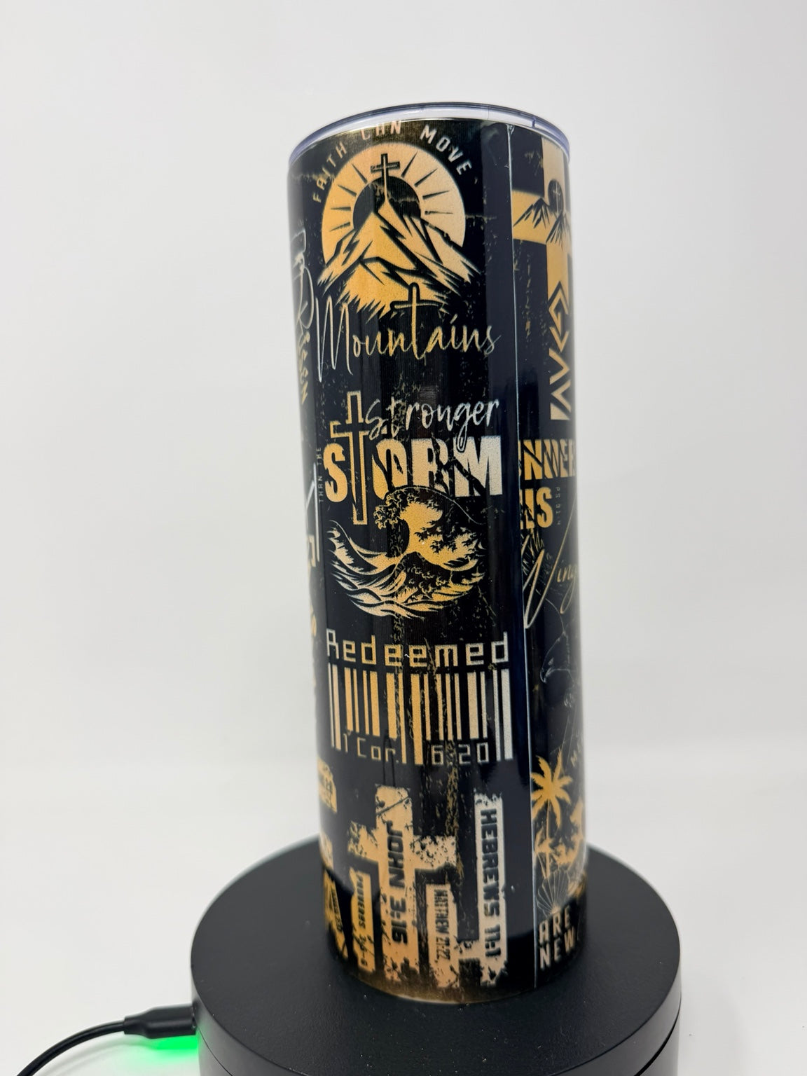 Christian faith tumbler in black and gold
