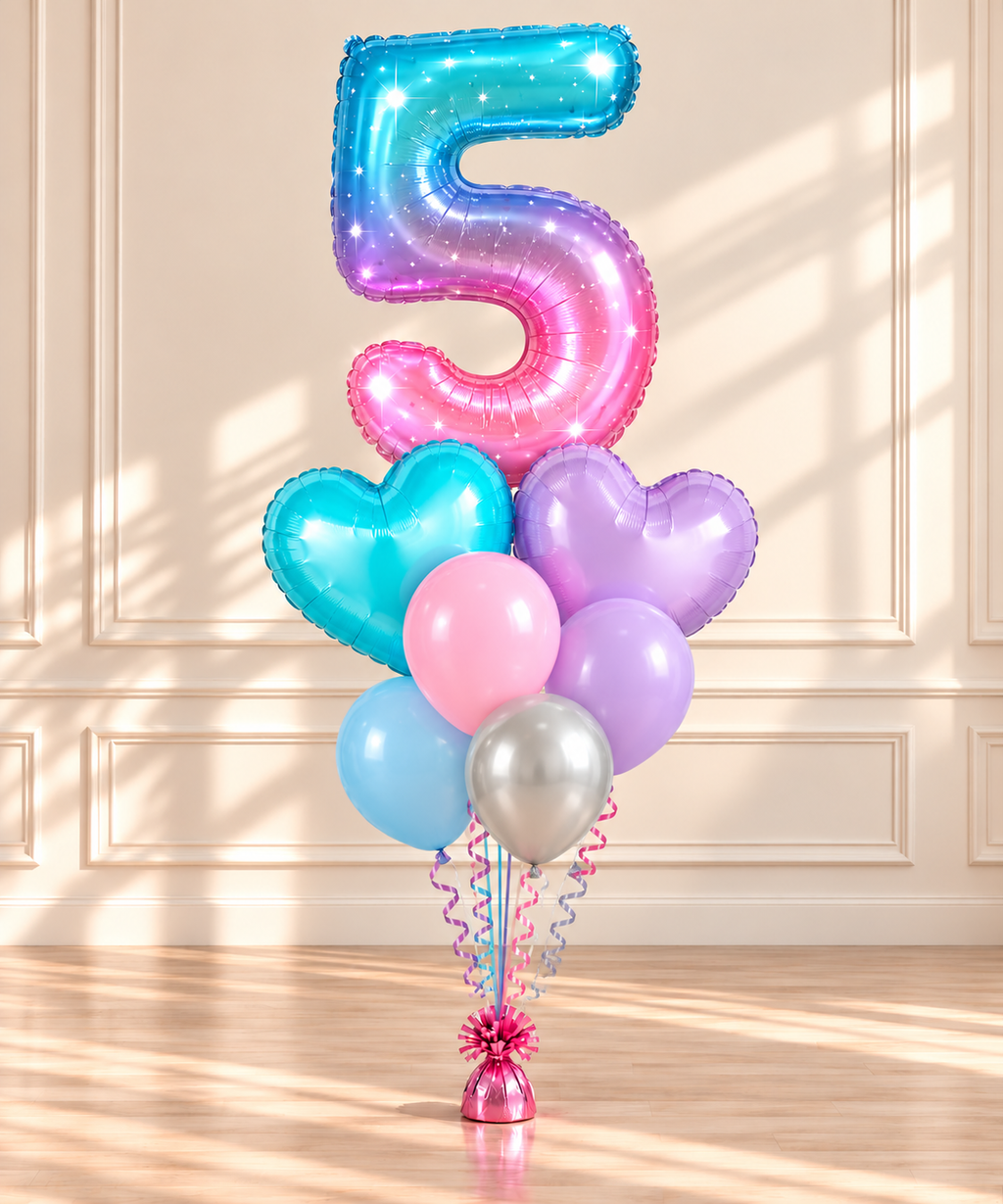 Number 5 birthday bouquet with turquoise and lavender foil hearts and four pastel latex balloons. Ribbons and weight not included; helium performance unverified.