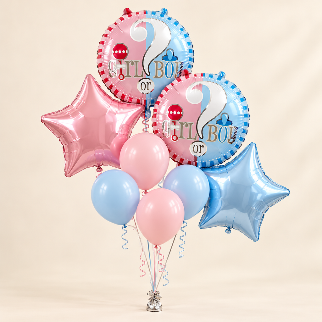 Pink and blue gender reveal bouquet with 8 balloons