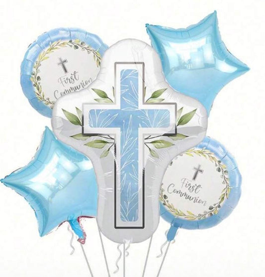 First Communion Balloon Set - Blue and White Cross Theme - 5 Pc Foil Balloons for Religious Celebration