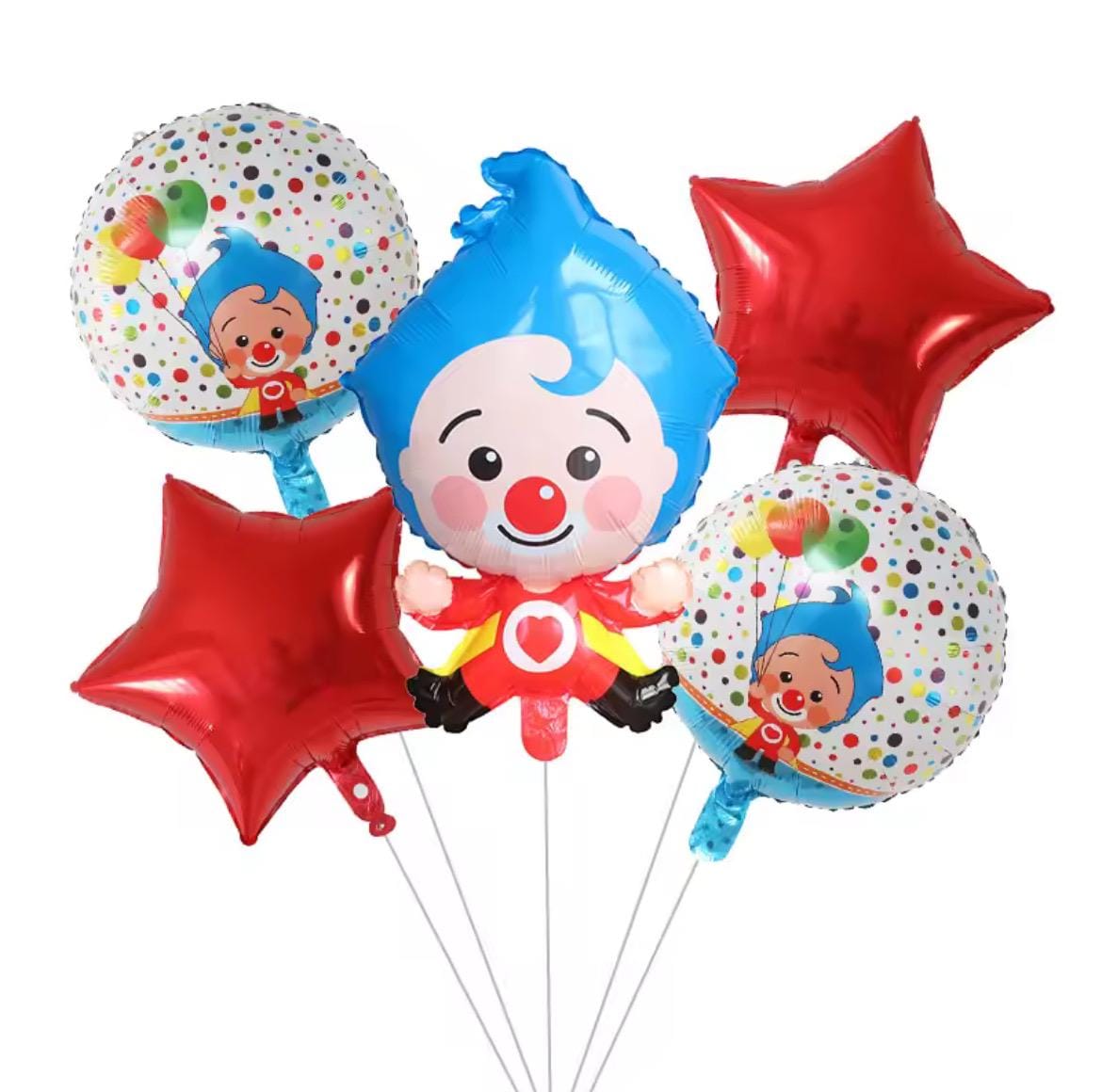 Plim Plim Clown Balloon Set – 5-Piece Blue or Red Foil Stars Balloons Party Decor
