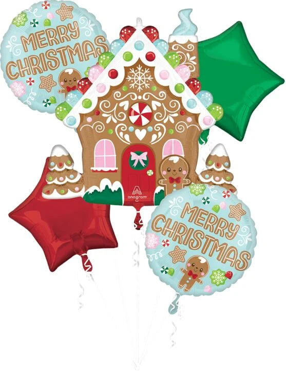 Anagram Christmas five foil balloon set with gingerbread house two Merry Christmas balloons and red and green stars