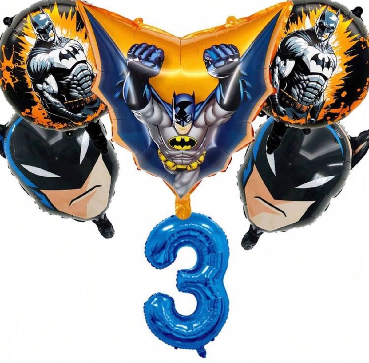 Batman birthday set with blue number 3 and five coordinating foil balloons