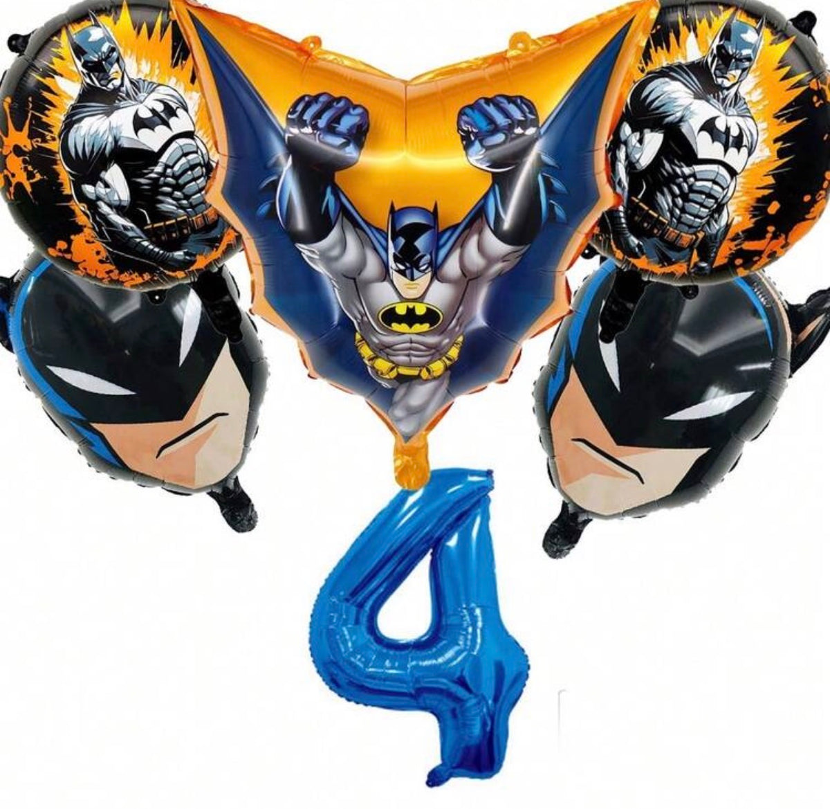 Batman birthday set with blue number 4 and five coordinating foil balloons