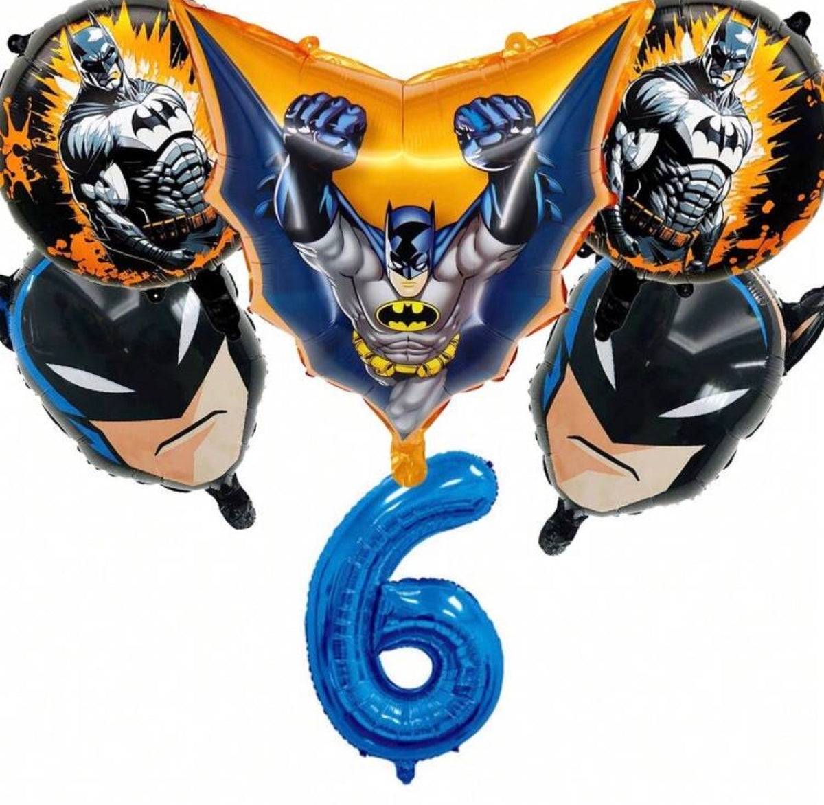 Batman birthday set with blue number 6 and five coordinating foil balloons