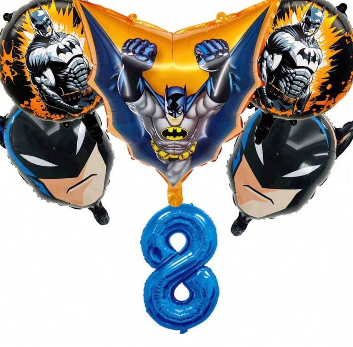 Batman birthday set with blue number 8 and five coordinating foil balloons