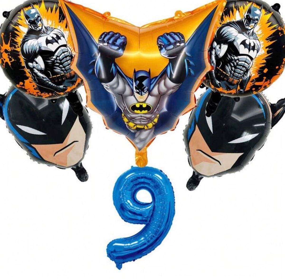 Batman birthday set with blue number 9 and five coordinating foil balloons