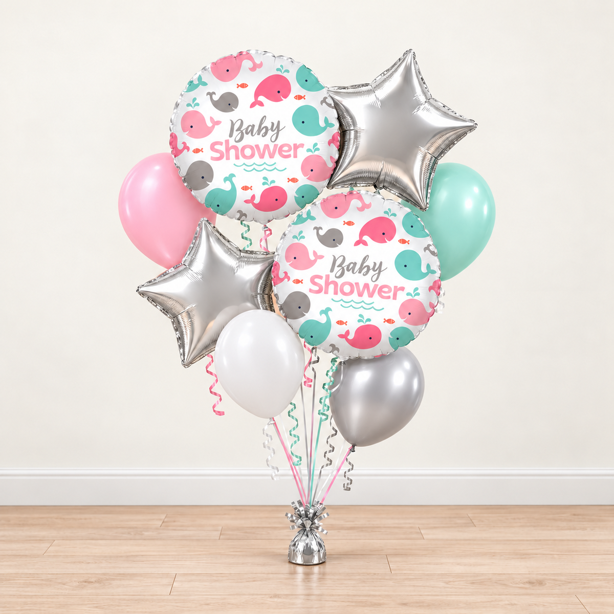 Pink Whale Baby Shower Balloon Bouquet updated bouquet colors