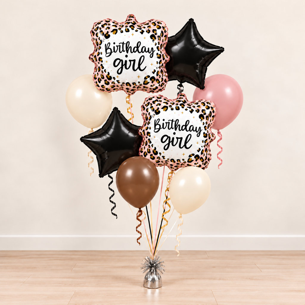 Leopard Birthday Girl Balloon Bouquet updated bouquet colors