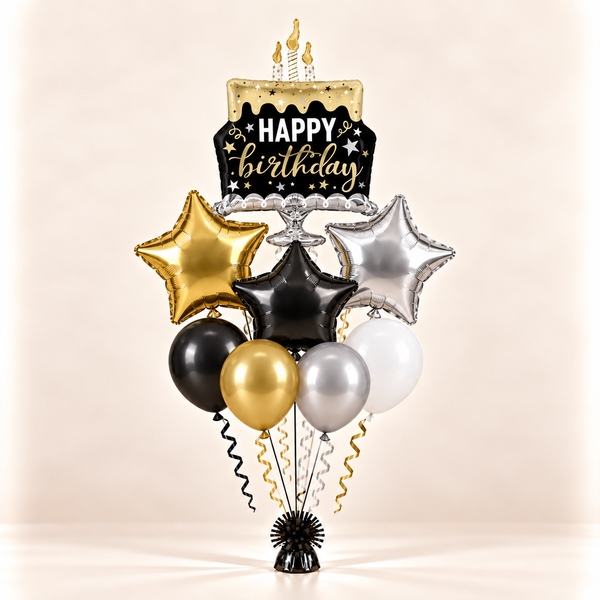 Black gold and silver birthday cake balloon bouquet with eight balloons
