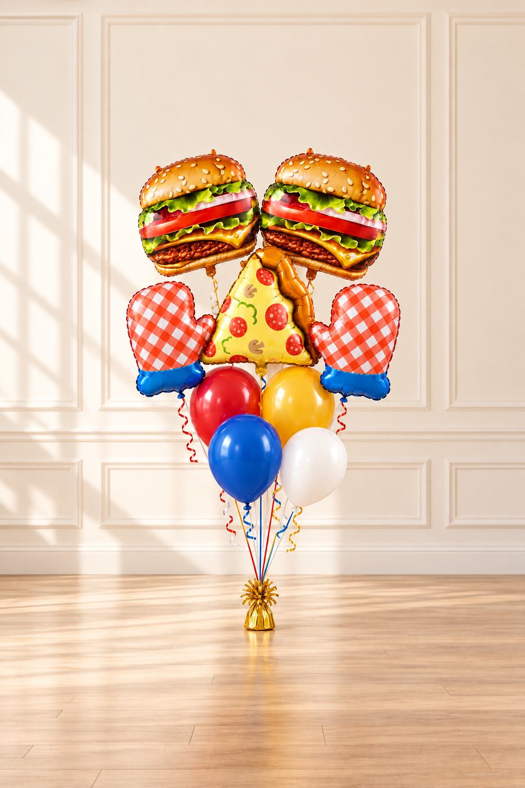 Styled burger and pizza balloon bouquet. Latex balloons, ribbons and weight shown for decoration; set includes five foil balloons.