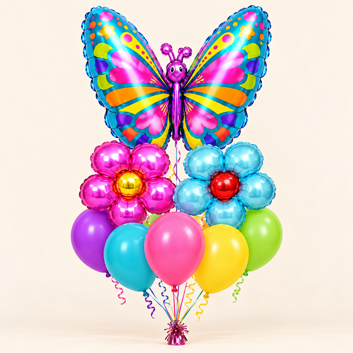 Butterfly and flower balloon bundle with five colorful latex balloons