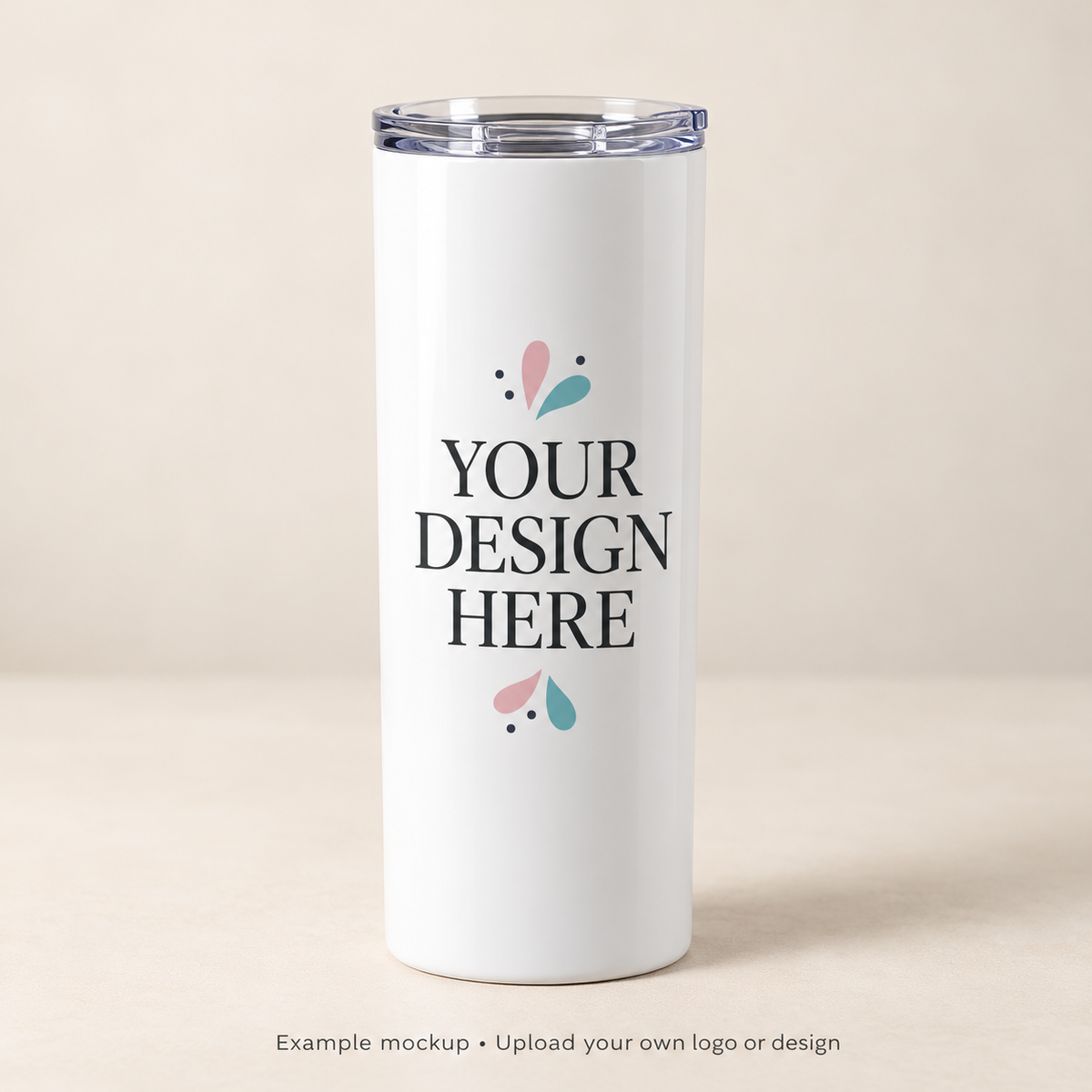 Example mockup of a custom white tumbler; customers upload their own logo or design.