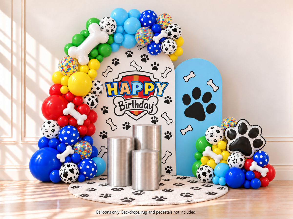 Dog birthday balloon garland with color blocks; backdrops rug and pedestals not included.