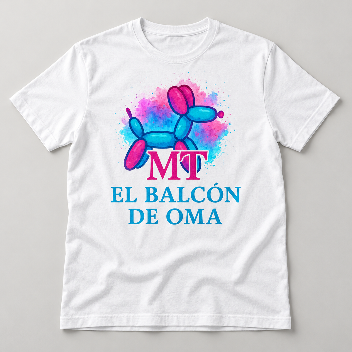 Example mockup of a white custom T-shirt with the El Balcón de Oma logo; customers supply their own artwork