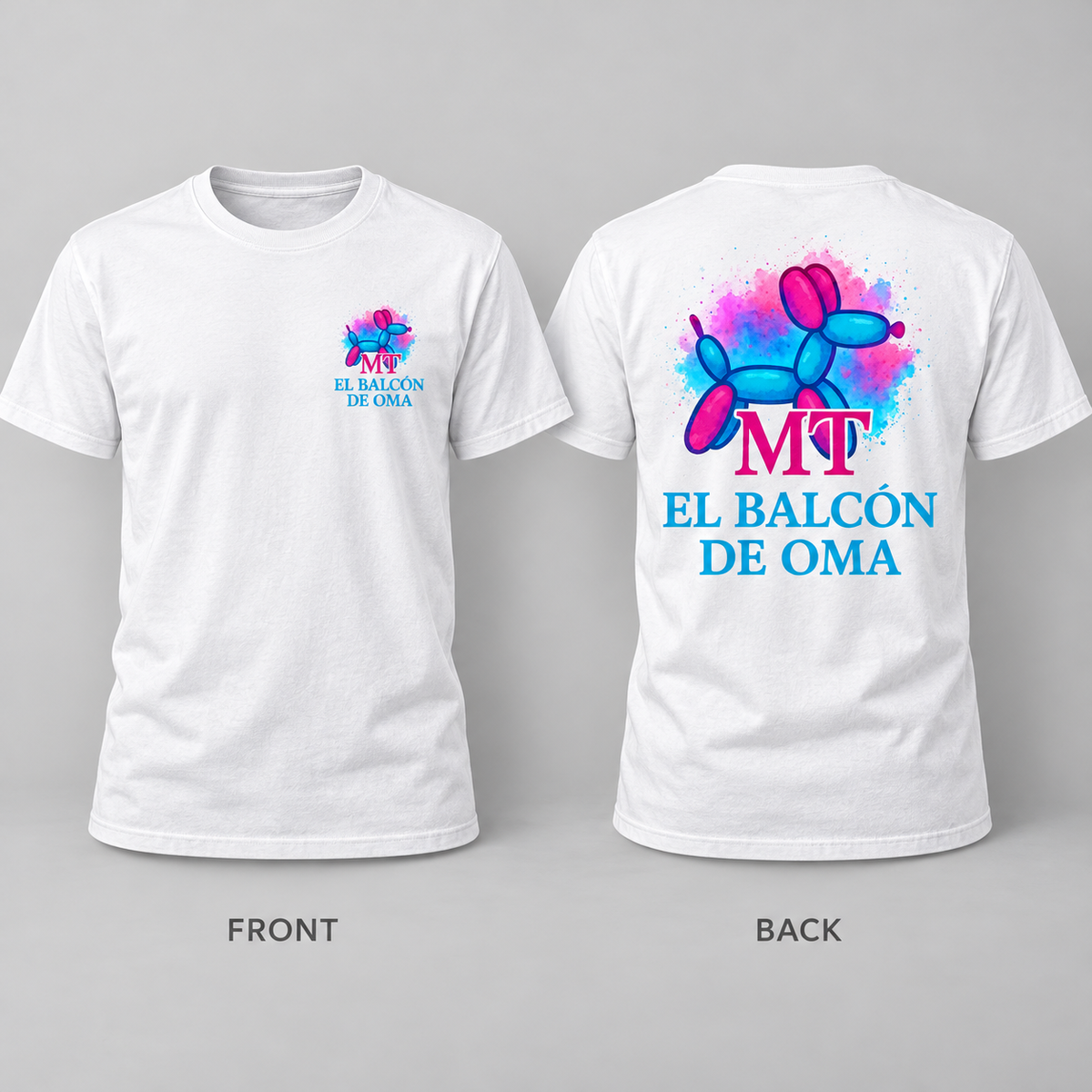 Example of one white T-shirt shown front and back: small left-chest logo and large back logo