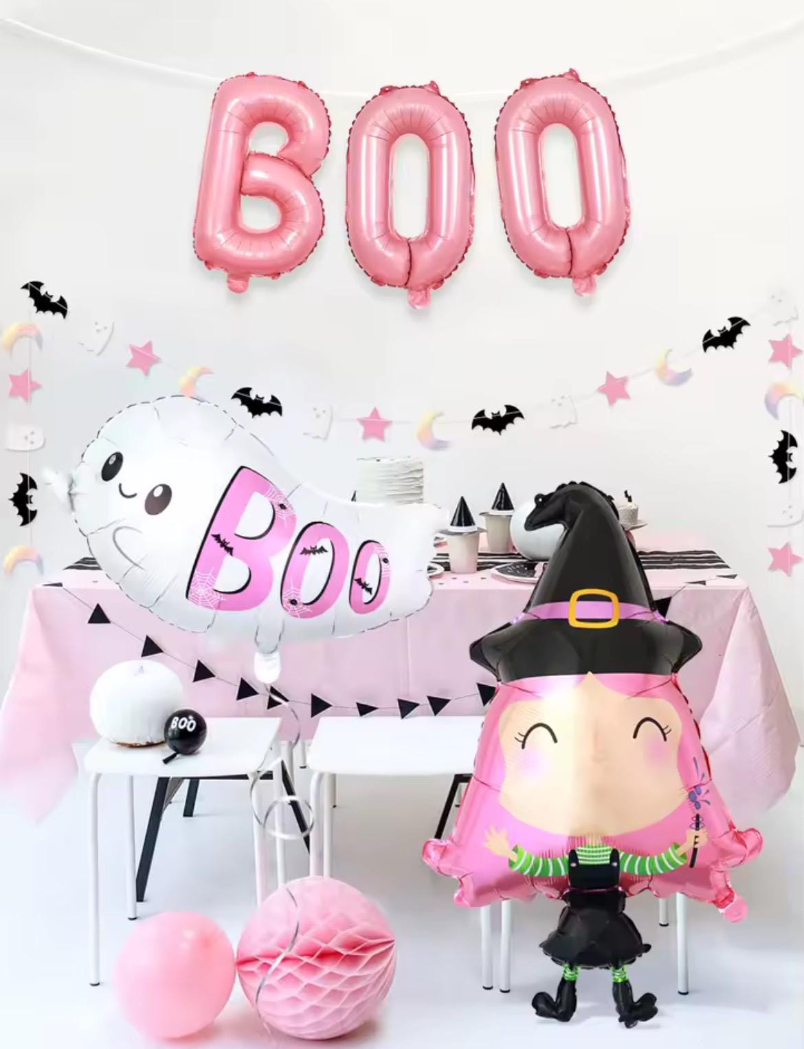 Halloween Pink Party Decorations Set – BOO Balloons, Witch & Ghost Foil Balloons, Table Decor, Cute Spooky Theme for Girls