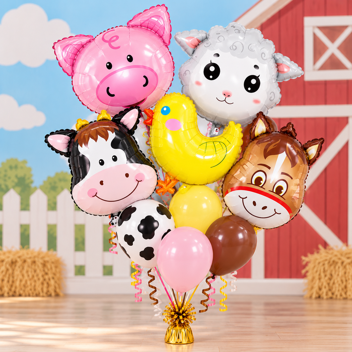 Nine-piece farm barnyard balloon bouquet with pig sheep cow chick and horse balloons