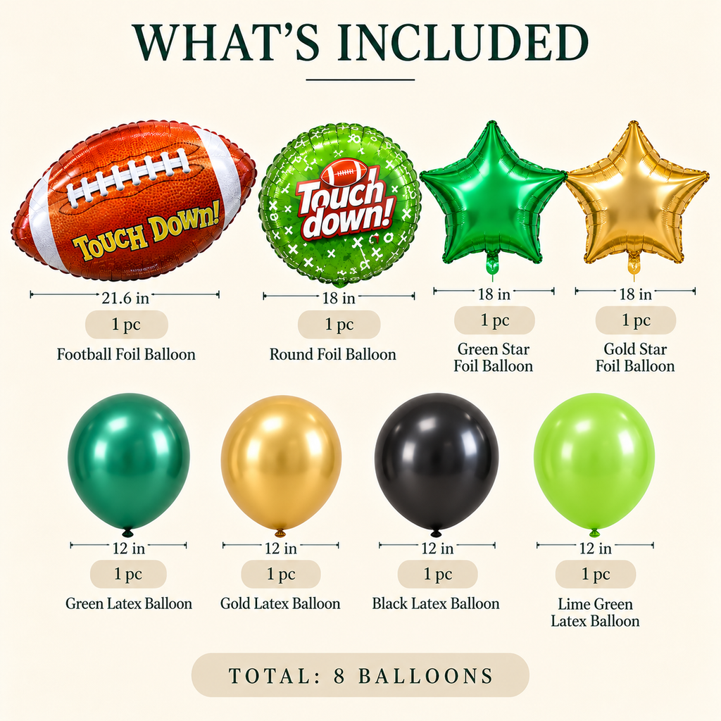 Contents of eight balloon football party set showing foil balloon measurements and four 12 inch latex balloons