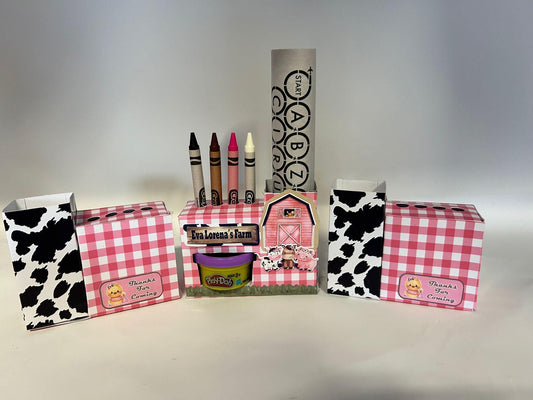 Pink Farm personalized Activy Box Play-doh Party Favor With Coloring Paper and Crayons