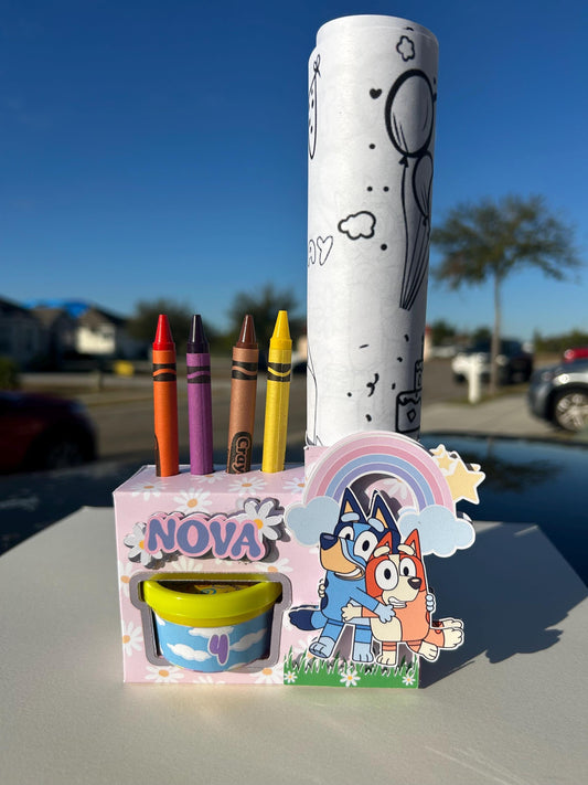 Personalized Activy Box Play-doh Party Favor With Coloring Paper and Crayons Blue Y dog