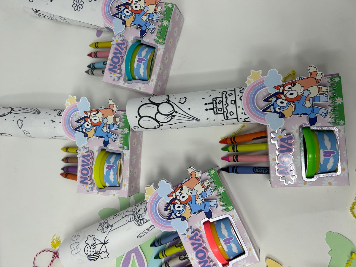 Blue & Bingo Party Favor Boxes, Personalized Kids Birthday Favor Box with Play Doh, Crayons  Coloring Activity