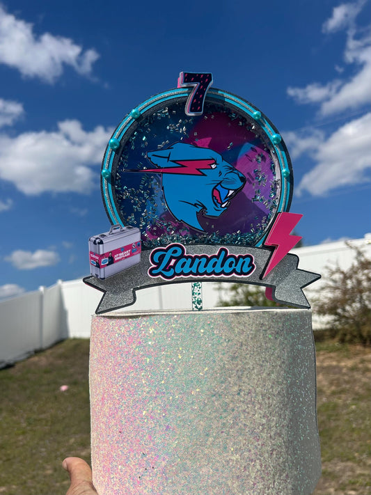 Birthday Cake Topper for Boys and Girls - YouTuber with Pink Lightning Bolt Design in Blue, Pink, Black, and Silver.
