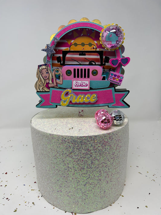 Malibu Blonde  Fashion Girl Doll Birthday Jeep Cake Topper Beach Pool Summer Theme Party