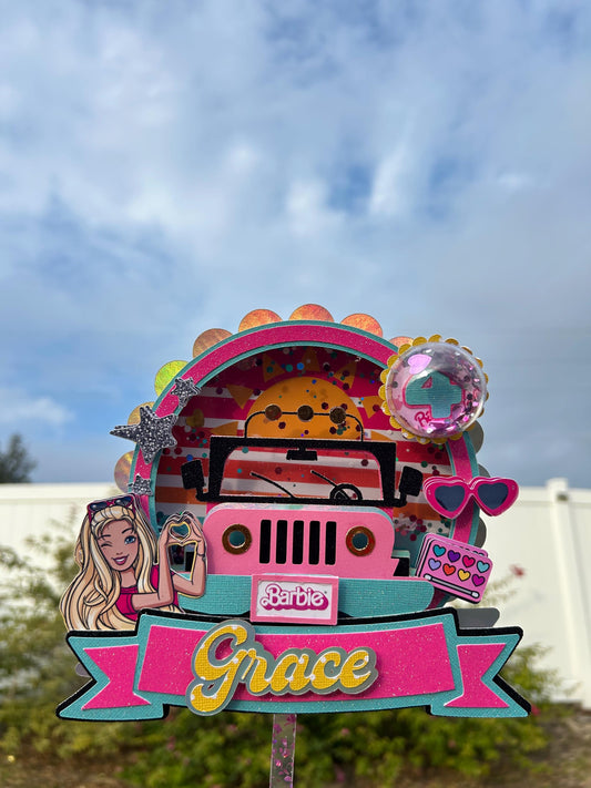 Malibu Blonde  Fashion Girl Doll Birthday Jeep Cake Topper Beach Pool Summer Theme Party