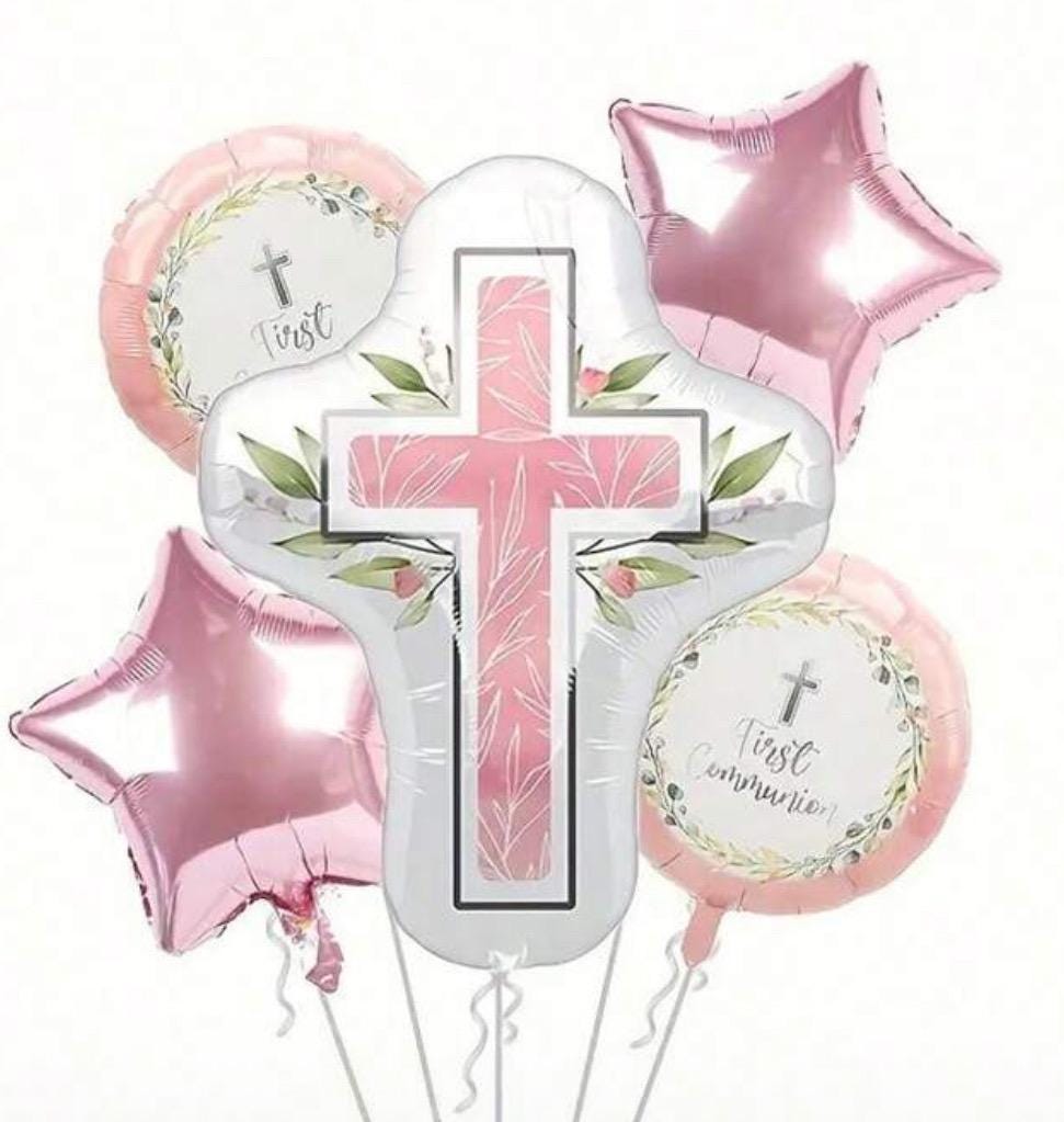 First Communion Balloon Set - Pink and White Cross Theme - 5 Pc Foil Balloons for Religious Celebration