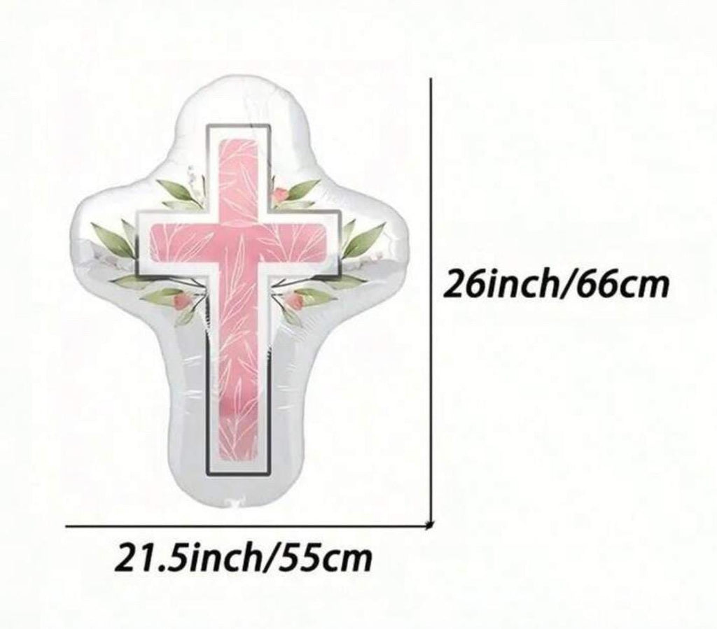 First Communion Balloon Set - Pink and White Cross Theme - 5 Pc Foil Balloons for Religious Celebration